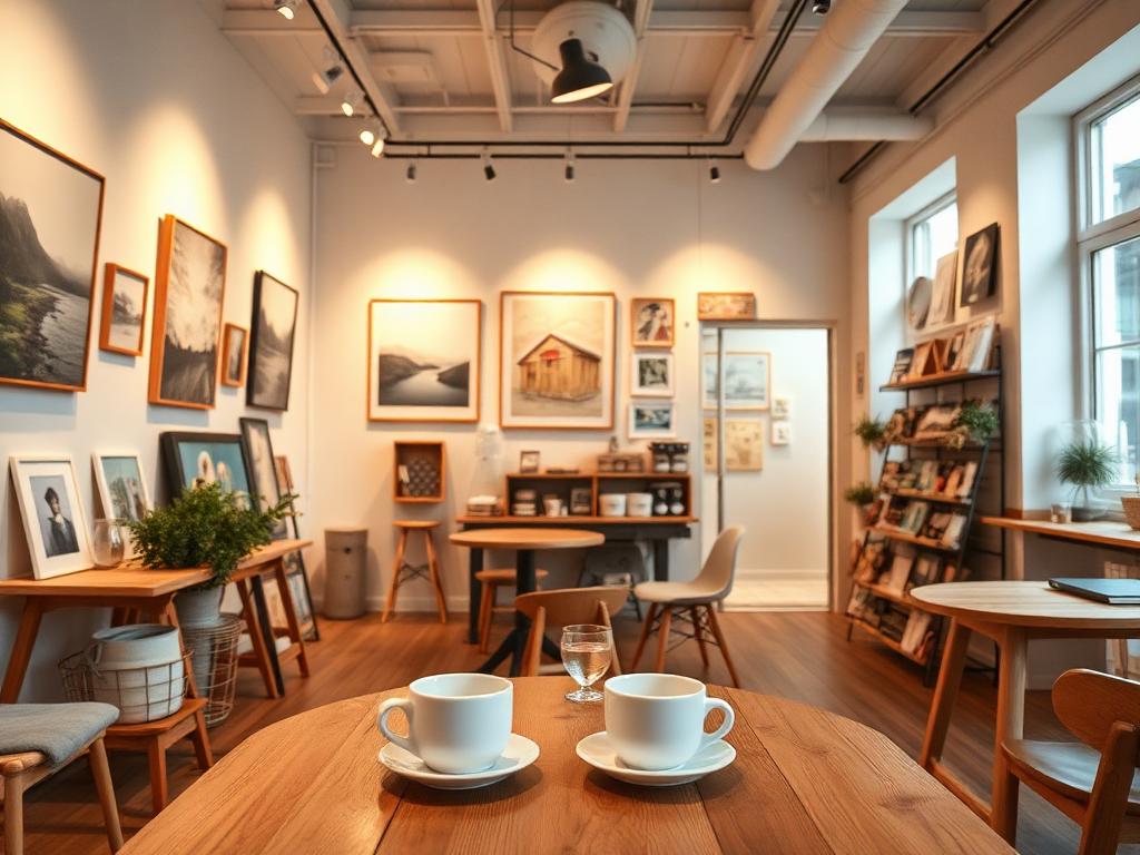 Cozy gallery cafe with art on walls and coffee on table