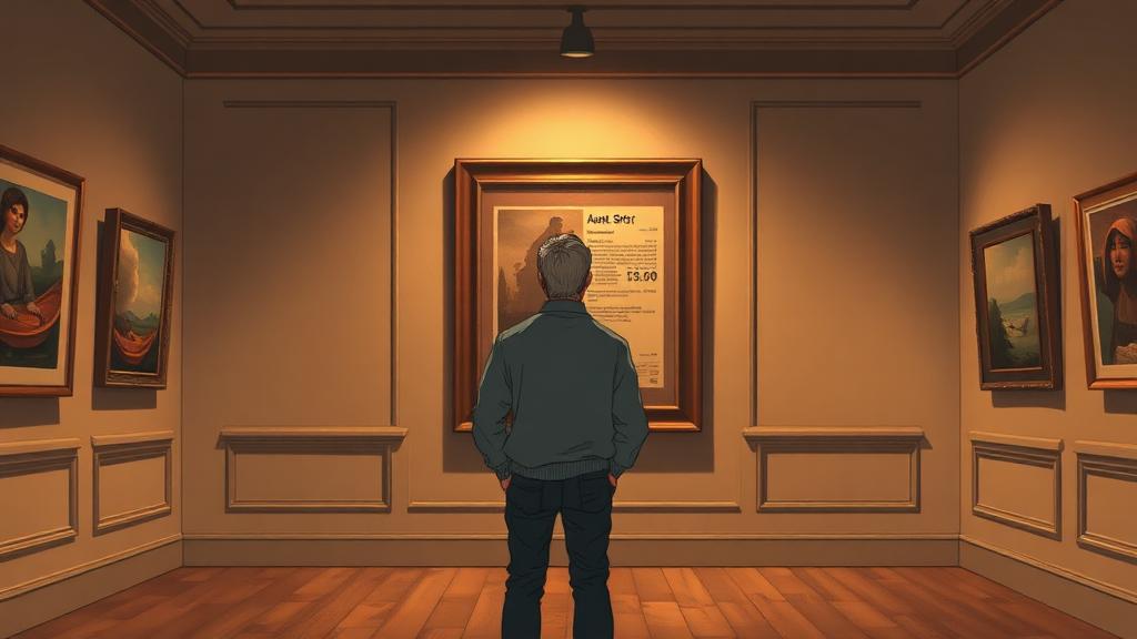 Collector viewing artwork with fixed price in gallery