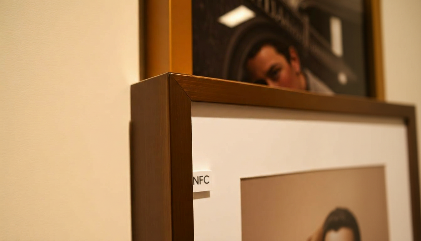 Close-up of a museum-quality framed art print with NFC authentication