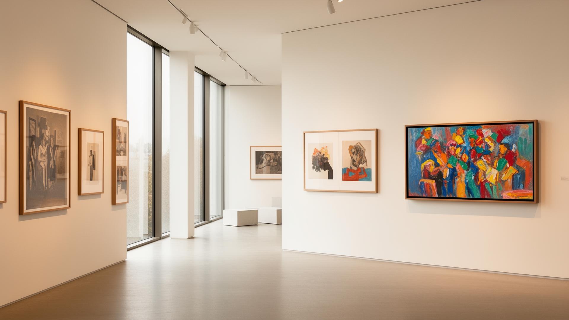 Modern gallery with framed prints and digital displays